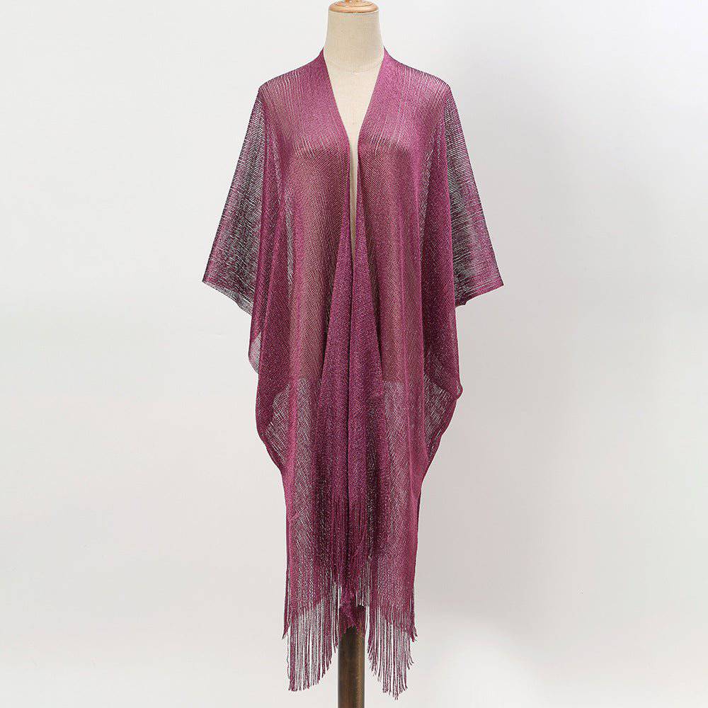 Boho Solid Color Sun Proof Tassel Knit Beach Cover-Up Cardigan  One Size Purple 