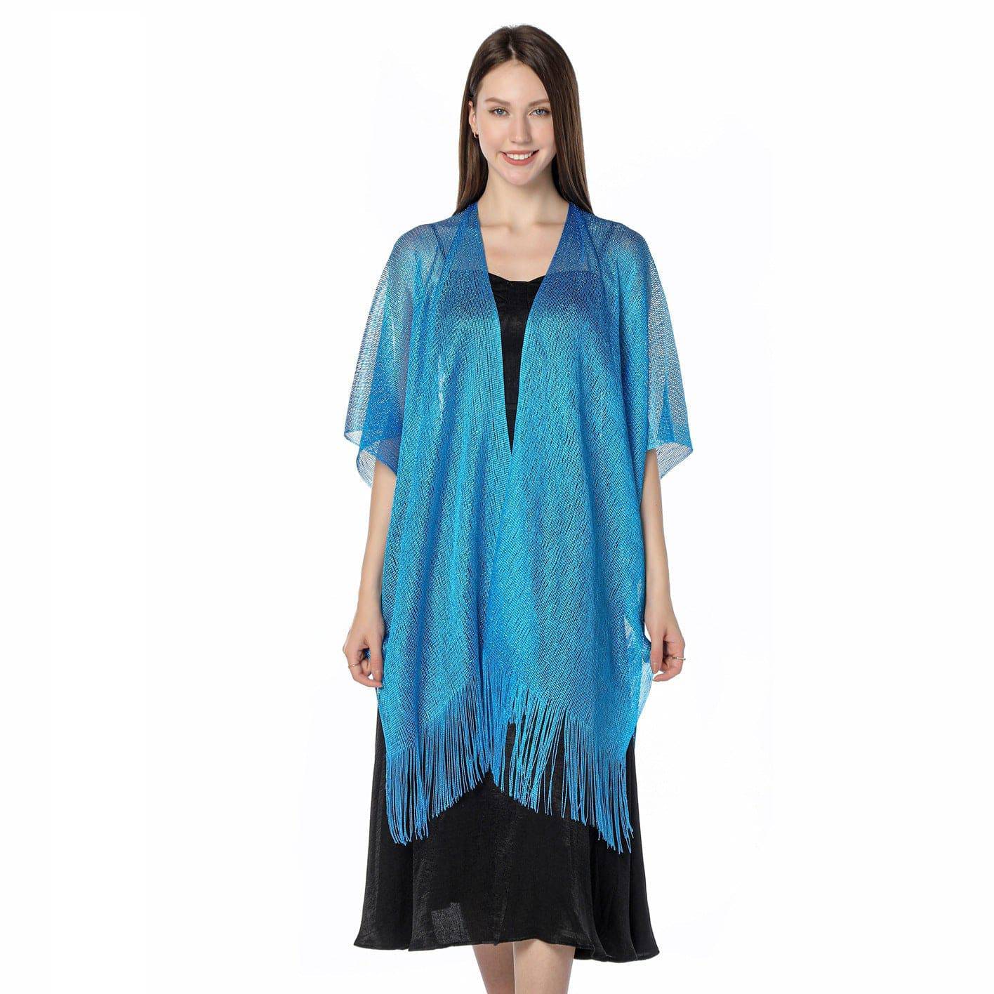 Boho Solid Color Sun Proof Tassel Knit Beach Cover-Up Cardigan  One Size peacock blue 