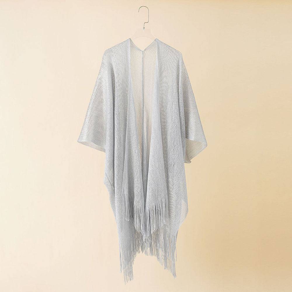 Boho Solid Color Sun Proof Tassel Knit Beach Cover-Up Cardigan  One Size Silver 