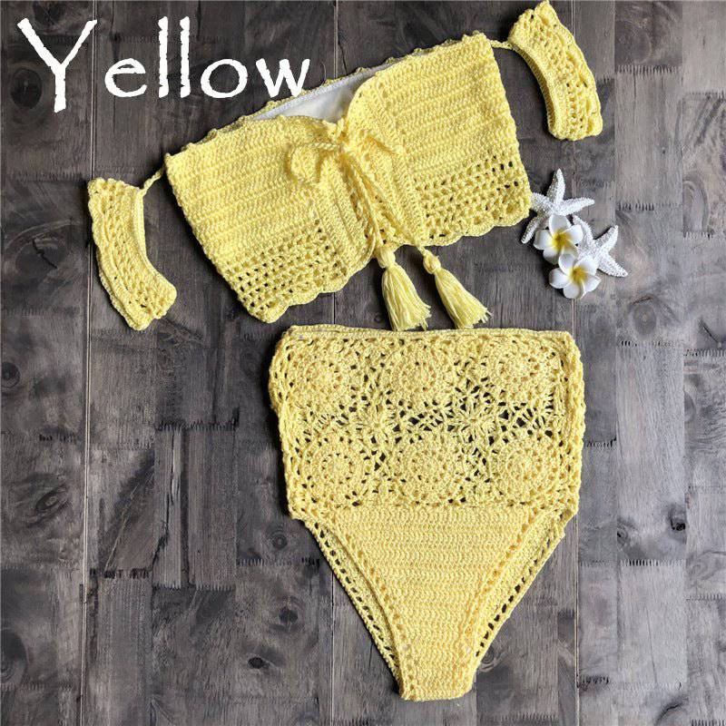 Boho Style Crochet Lace-Up Bikini Set  S Yellow 