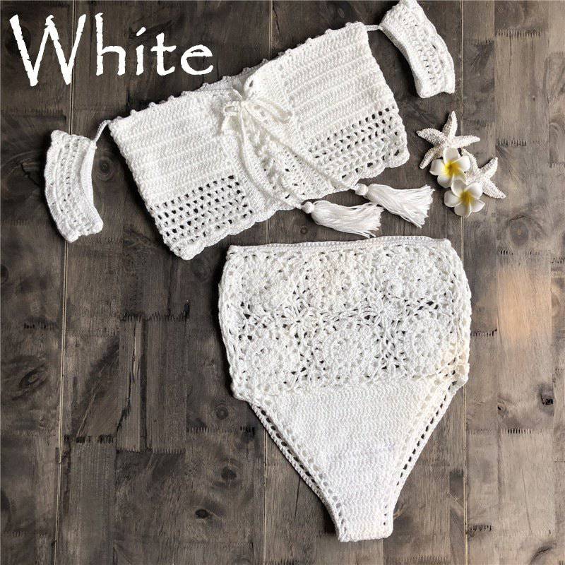 Boho Style Crochet Lace-Up Bikini Set  S White 