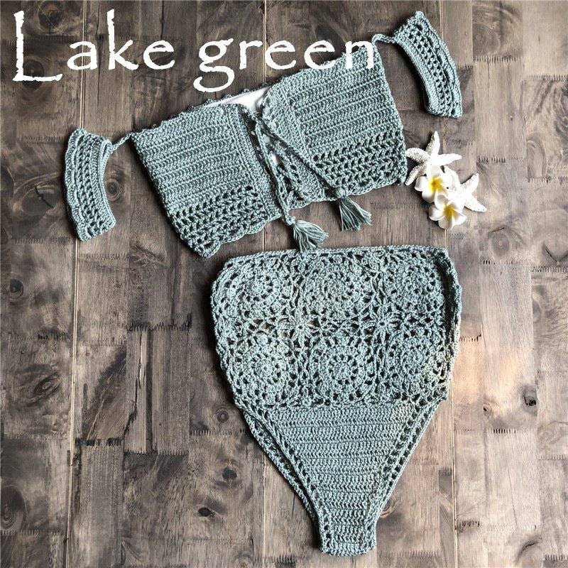 Boho Style Crochet Lace-Up Bikini Set  S Lake Water Green Color 