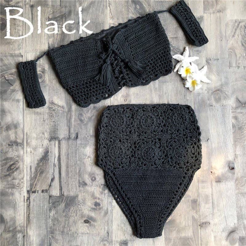 Boho Style Crochet Lace-Up Bikini Set  S Black 