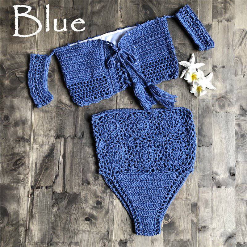 Boho Style Crochet Lace-Up Bikini Set  S Blue 