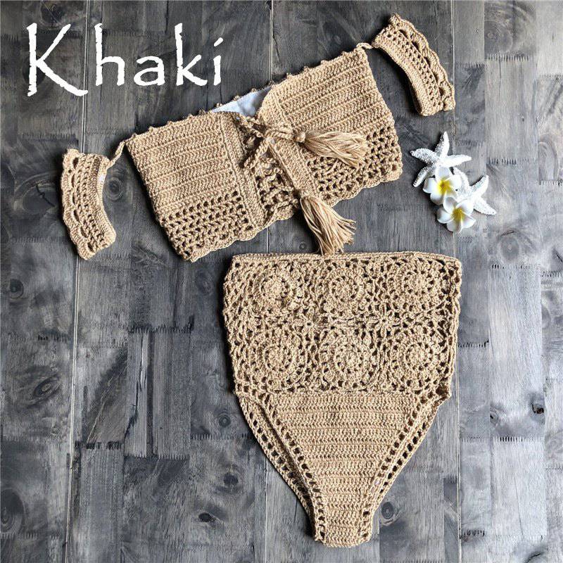 Boho Style Crochet Lace-Up Bikini Set  S Apricot 