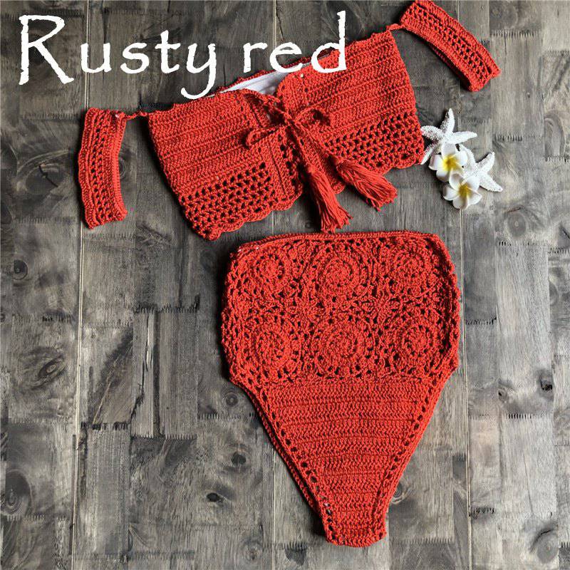 Boho Style Crochet Lace-Up Bikini Set  S Rust Red 