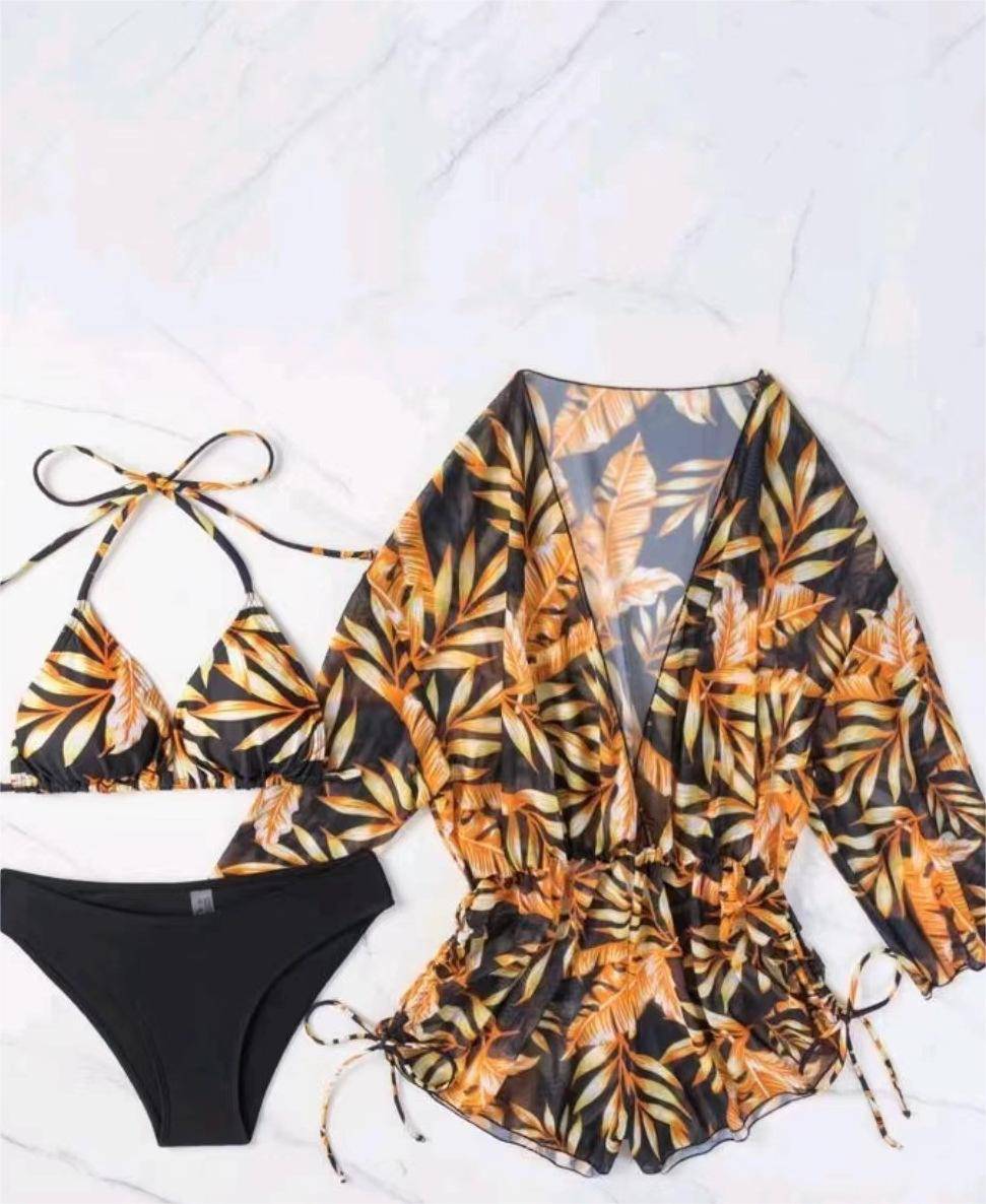 Boho Vacation Bikini Set with Leaf Print and Waist-Controlled Lace-Up Long Sleeve  S Yellow Black Flowers 