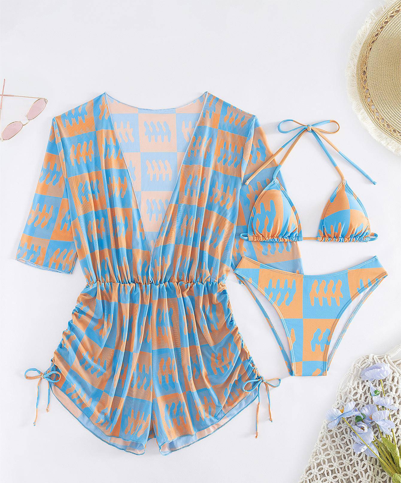 Boho Vacation Bikini Set with Leaf Print and Waist-Controlled Lace-Up Long Sleeve  S Tie-Dyed Blue 