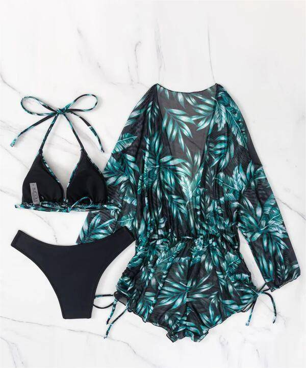 Boho Vacation Bikini Set with Leaf Print and Waist-Controlled Lace-Up Long Sleeve  S Dark Green Leaf 