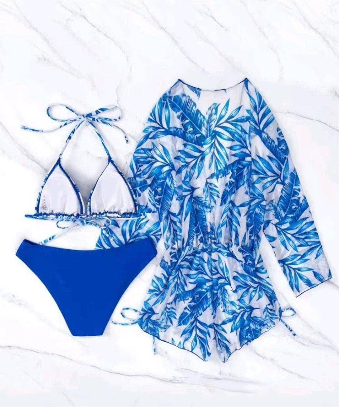 Boho Vacation Bikini Set with Leaf Print and Waist-Controlled Lace-Up Long Sleeve  S Blue Leaf 