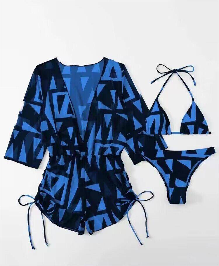 Boho Vacation Bikini Set with Leaf Print and Waist-Controlled Lace-Up Long Sleeve  S Blue Black Flowers 