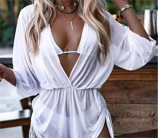 Boho Vacation Bikini Set with Leaf Print and Waist-Controlled Lace-Up Long Sleeve  S White 