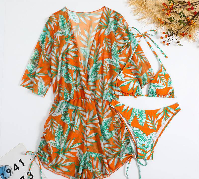 Boho Vacation Bikini Set with Leaf Print and Waist-Controlled Lace-Up Long Sleeve  S Orange Leaf 