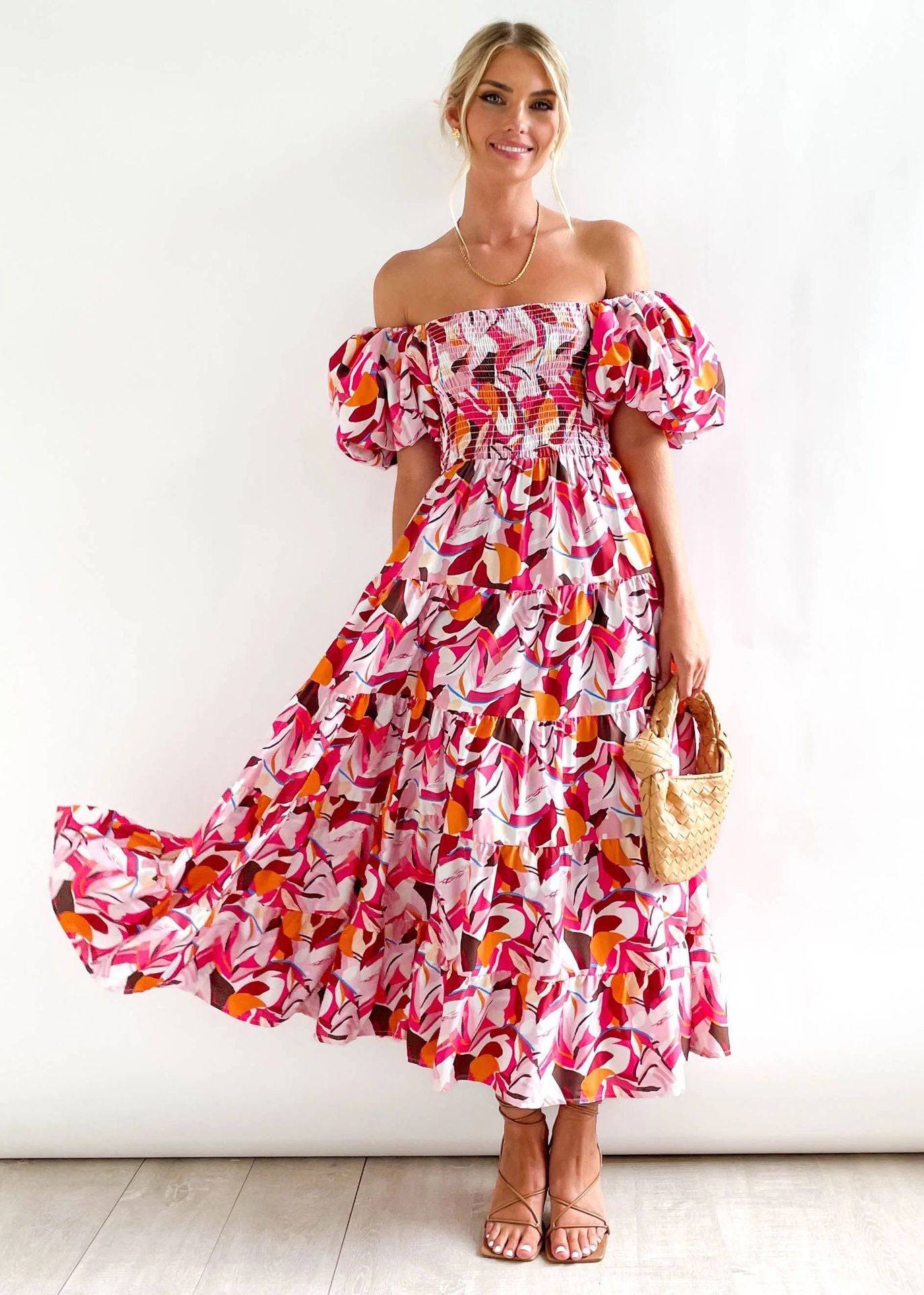 Boho Vacation Style Off-Shoulder Maxi Dress  S Rose Flower 