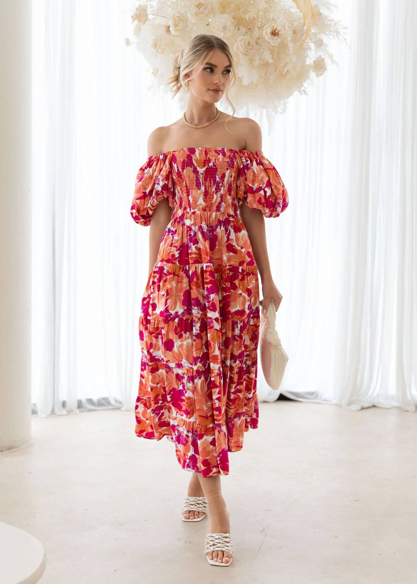 Boho Vacation Style Off-Shoulder Maxi Dress  S Red Printing 