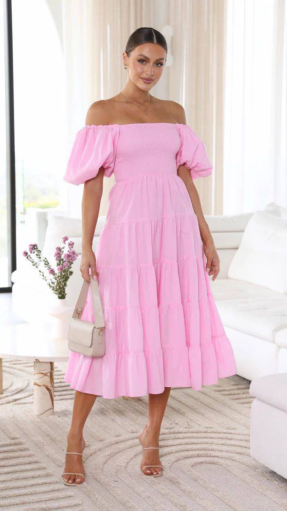 Boho Vacation Style Off-Shoulder Maxi Dress  S Pink 