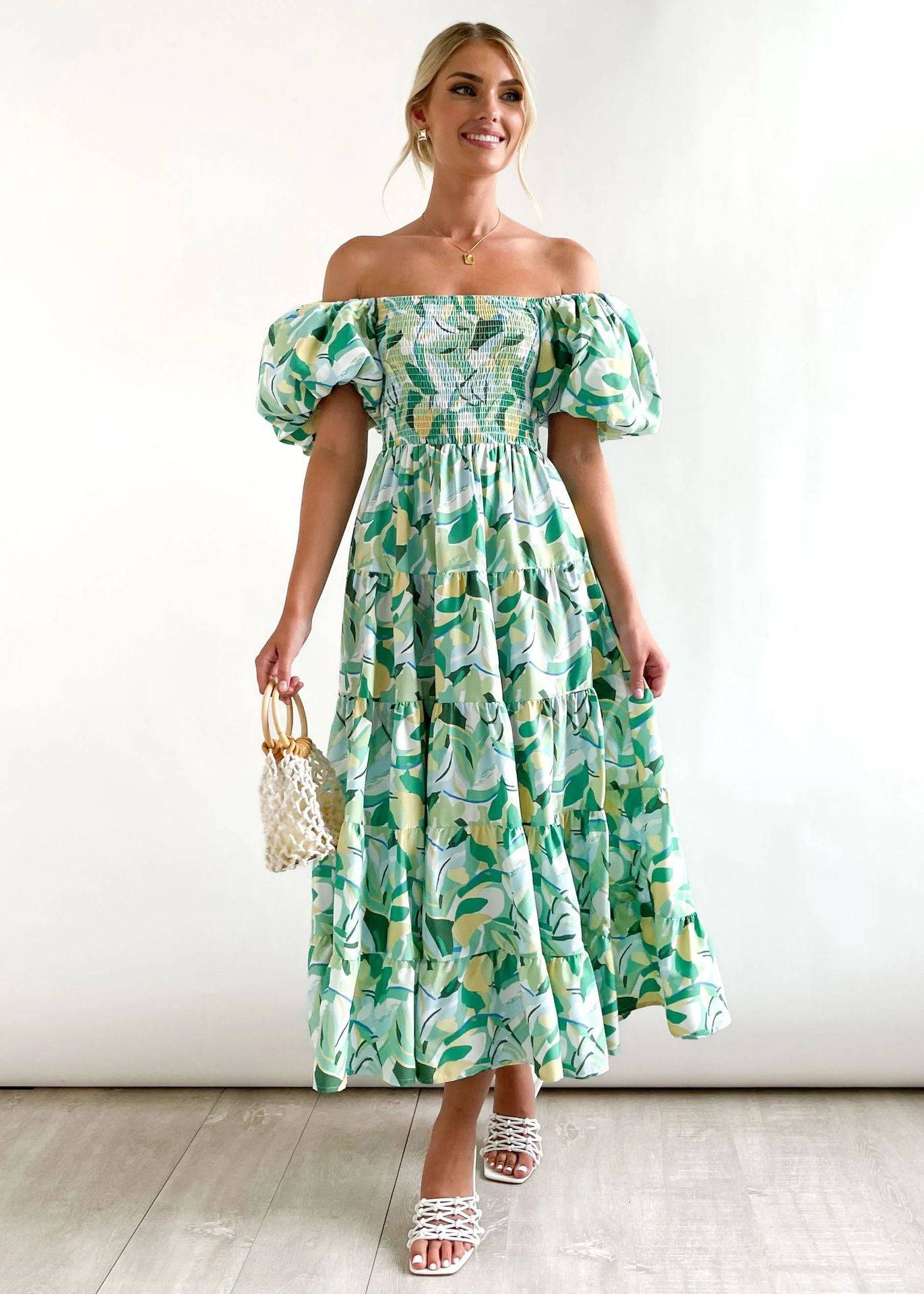 Boho Vacation Style Off-Shoulder Maxi Dress  S Yellow and Green Leaves 