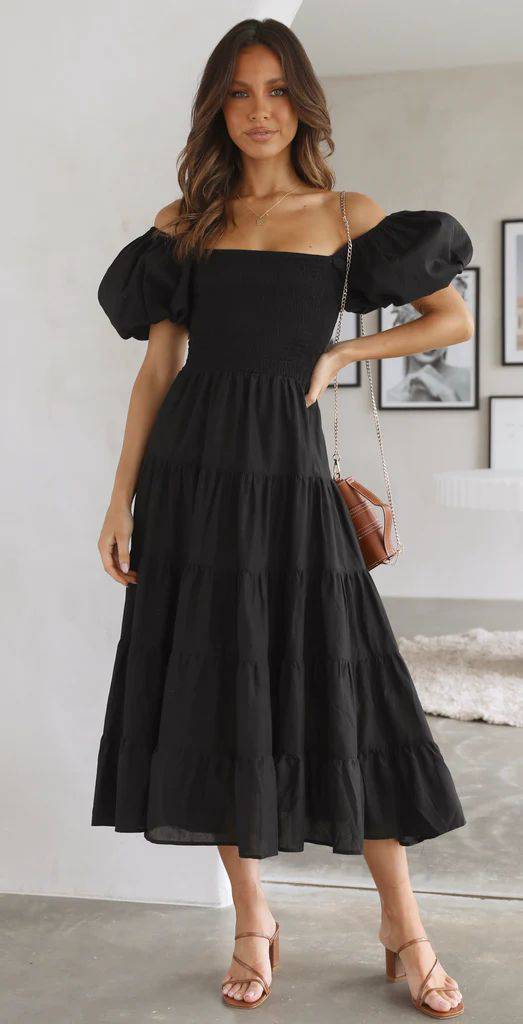 Boho Vacation Style Off-Shoulder Maxi Dress  S Black 