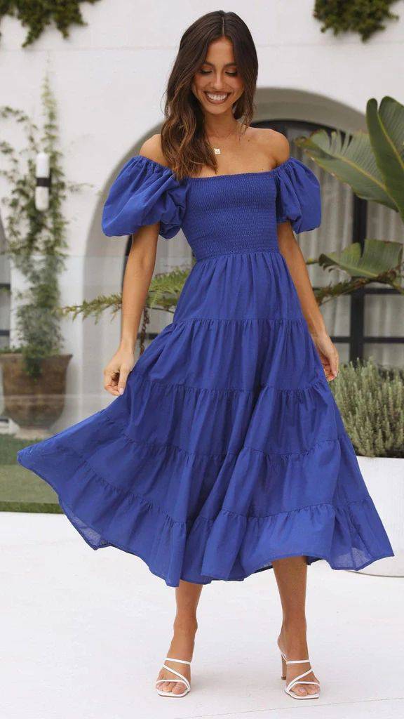 Boho Vacation Style Off-Shoulder Maxi Dress  S Purplish blue 