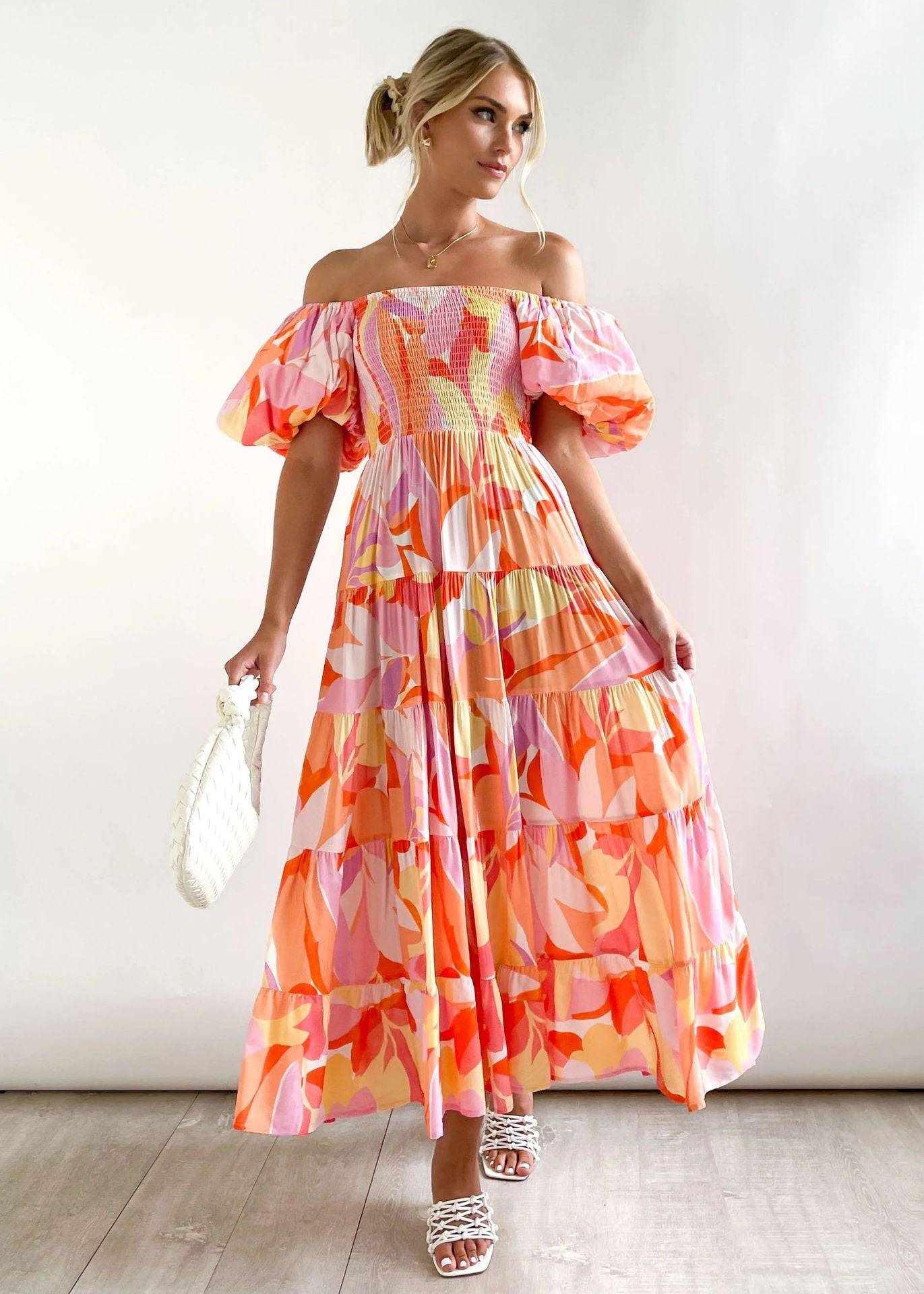 Boho Vacation Style Off-Shoulder Maxi Dress  S Orange Printing 