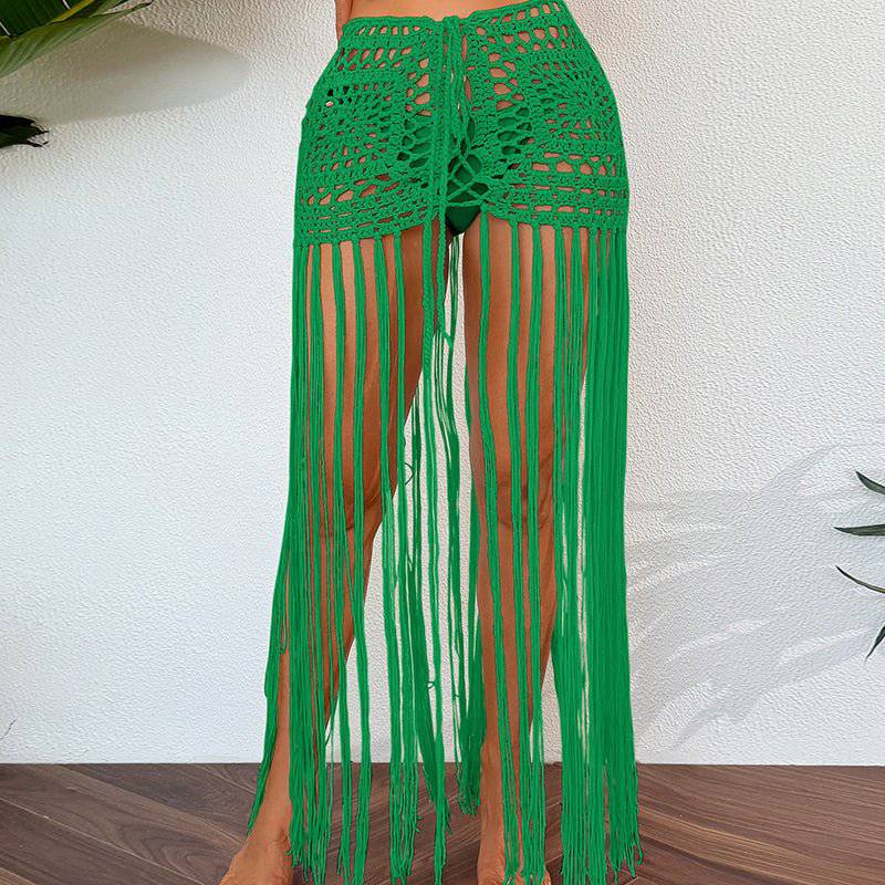 Boho Vacation Sun Protection Fringe Midi Skirt  One Size Green 