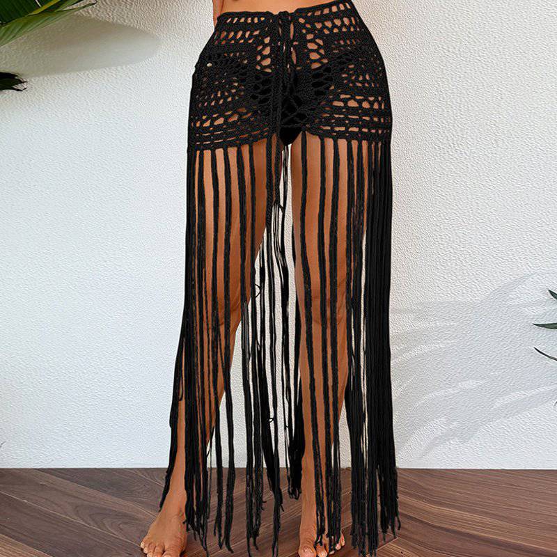 Boho Vacation Sun Protection Fringe Midi Skirt  One Size Black 