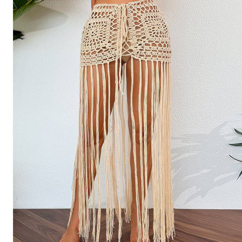 Boho Vacation Sun Protection Fringe Midi Skirt  One Size Apricot 