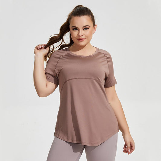 Khaki Breathable Mesh Back Women Plus Size Activewear Yoga Top with Short Sleeves