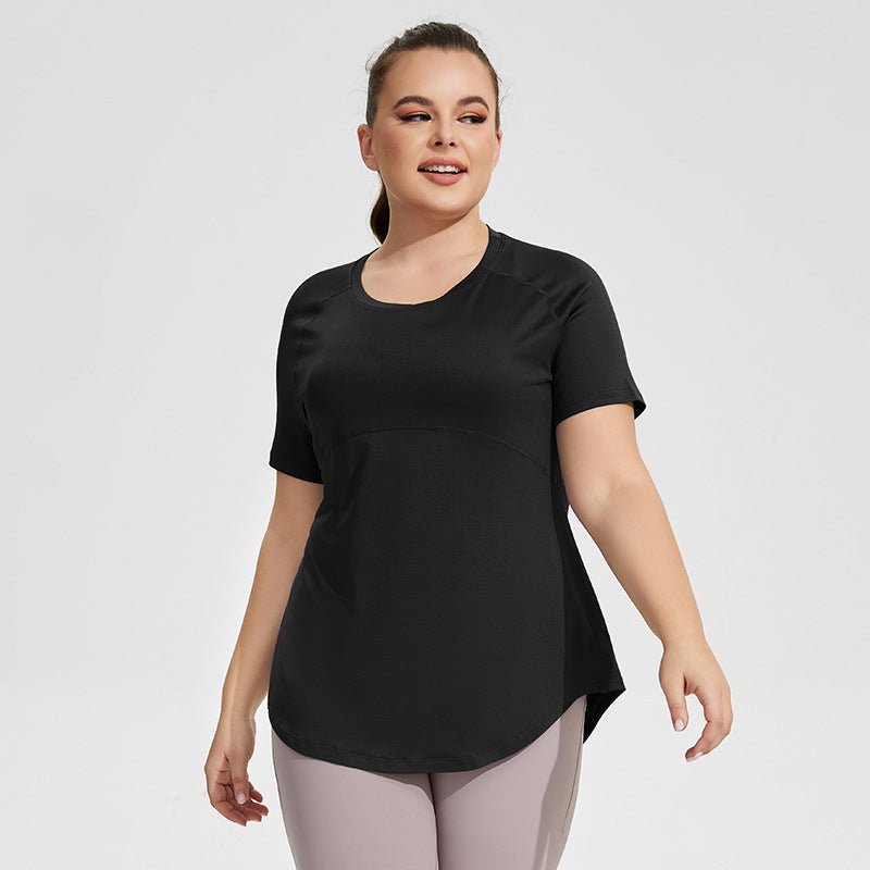 Black Breathable Mesh Back Women Plus Size Activewear Yoga Top with Short Sleeves
