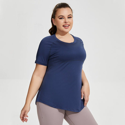 Prussian Blue Breathable Mesh Back Women Plus Size Activewear Yoga Top with Short Sleeves