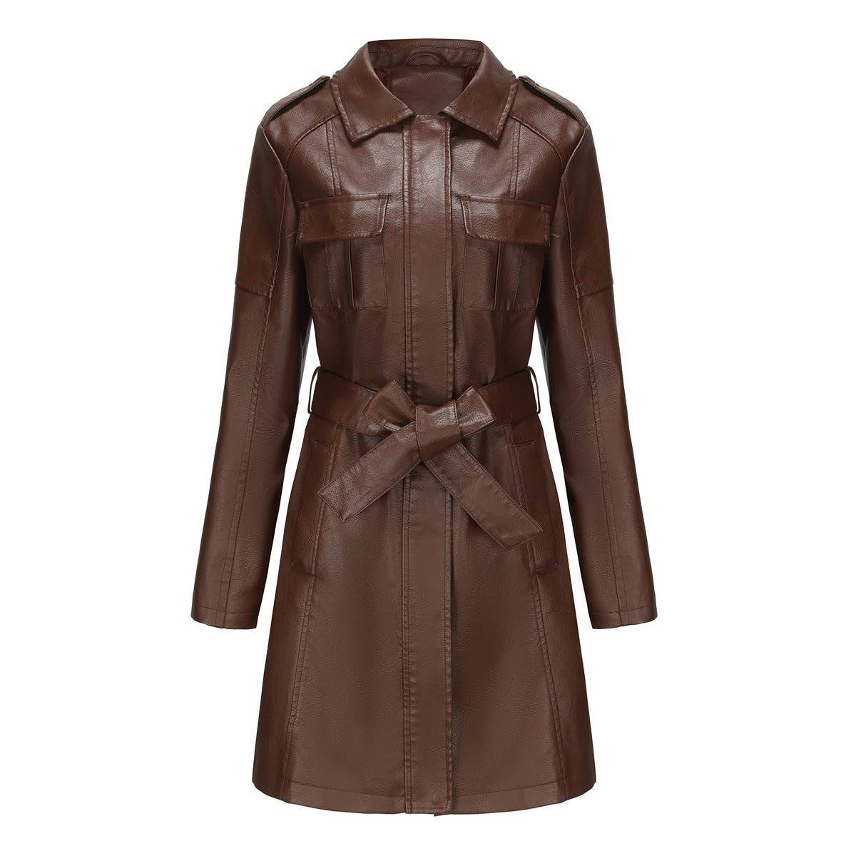 British Style Mid Length Leather Coat for Women  2XL Coffee 