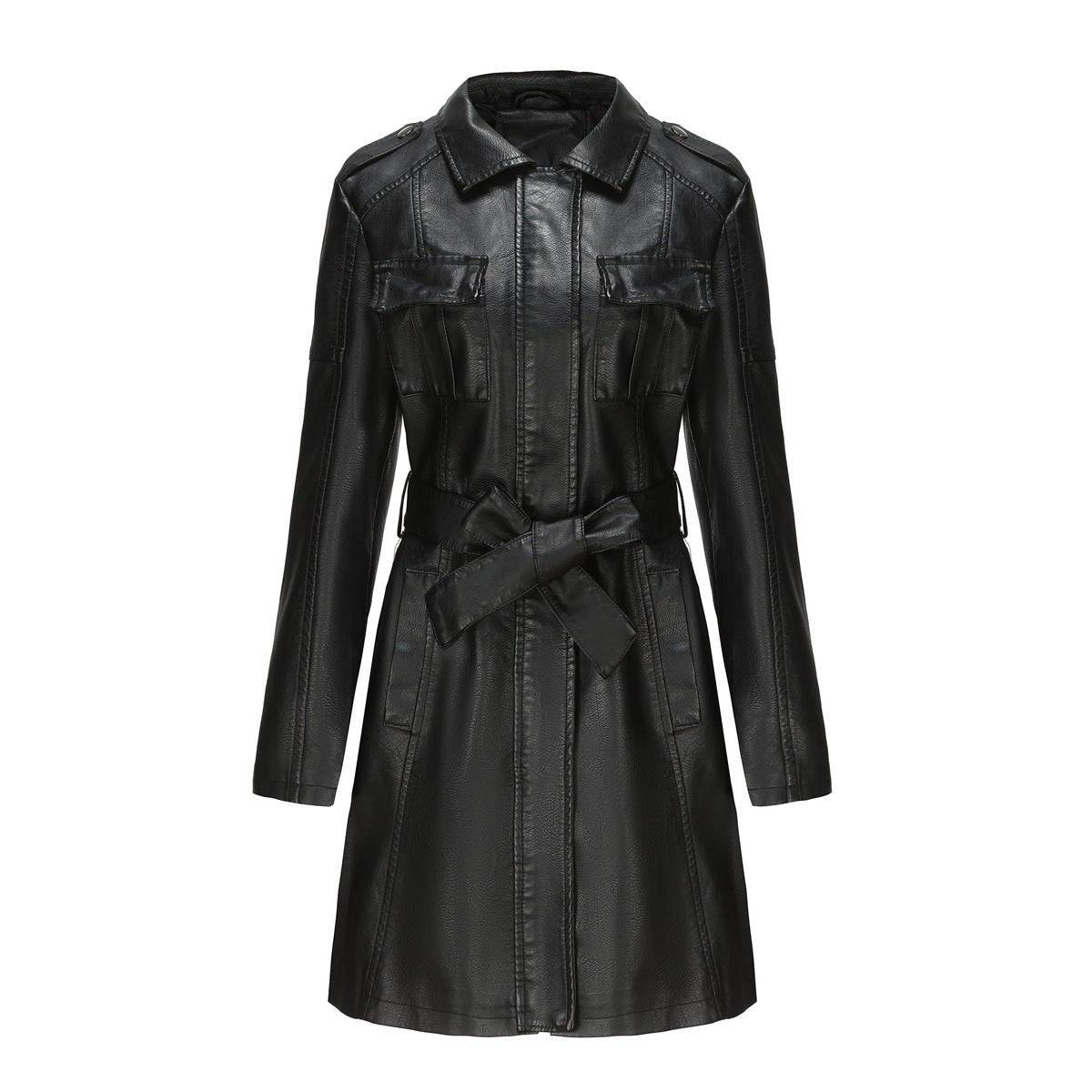 British Style Mid Length Leather Coat for Women  S Black 