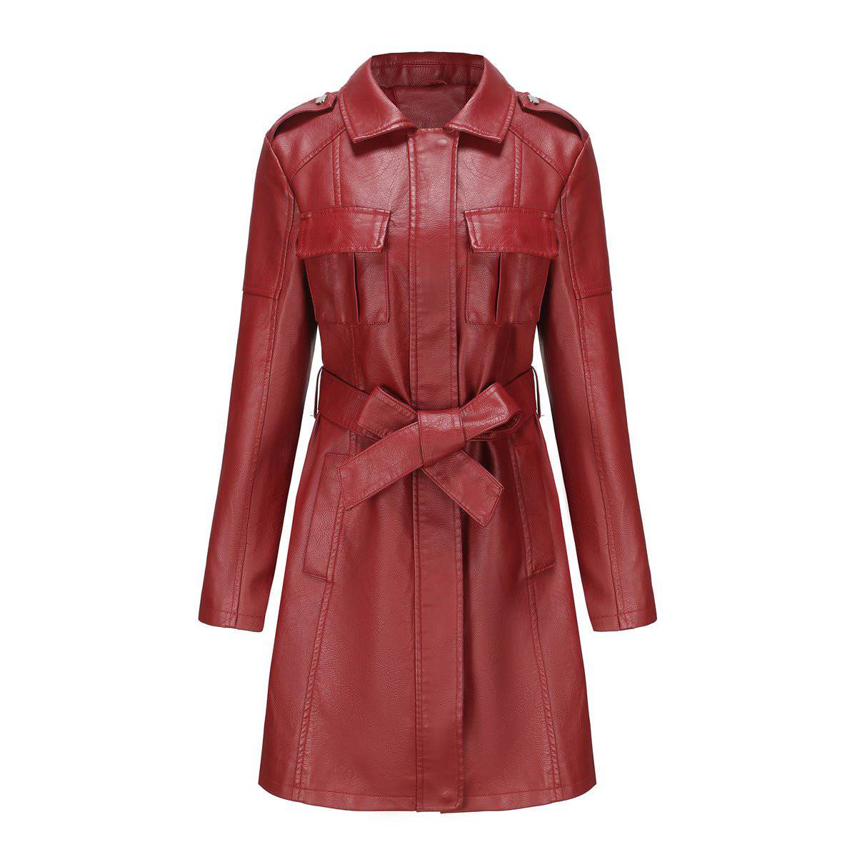 British Style Mid Length Leather Coat for Women  S Burgundy 