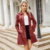 British Style Mid Length Leather Coat for Women    