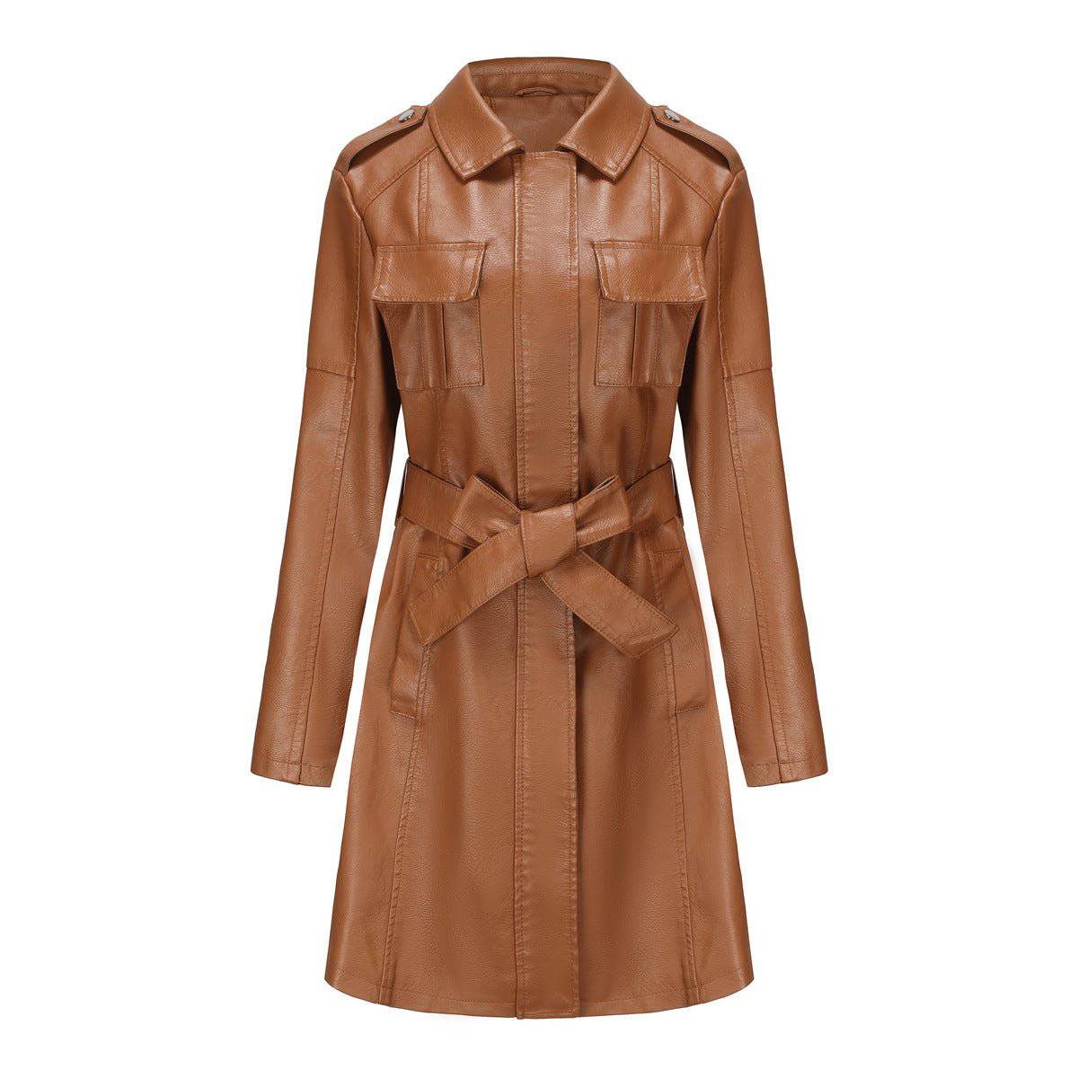 British Style Mid Length Leather Coat for Women  S Camel 