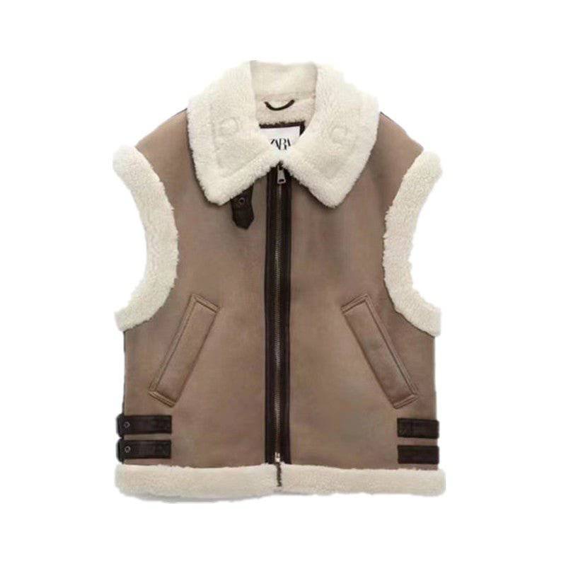 Brown Faux Shearling Vest with Stylish Fur Collar  S Brown 