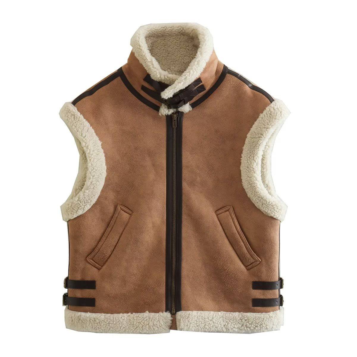 Brown Faux Shearling Vest with Stylish Fur Collar    