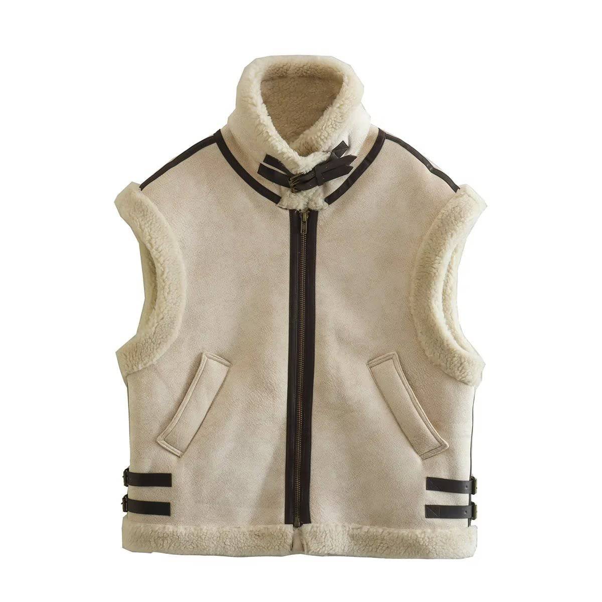 Brown Faux Shearling Vest with Stylish Fur Collar    