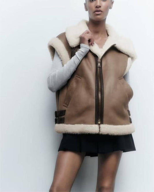 Brown Faux Shearling Vest with Stylish Fur Collar    