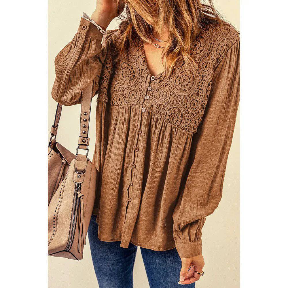 Brown Lace Crochet V-Neck Top for Little Girls    