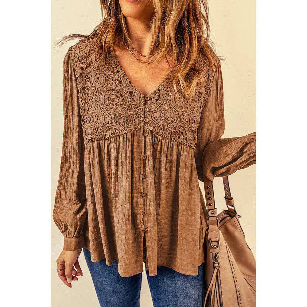 Brown Lace Crochet V-Neck Top for Little Girls    