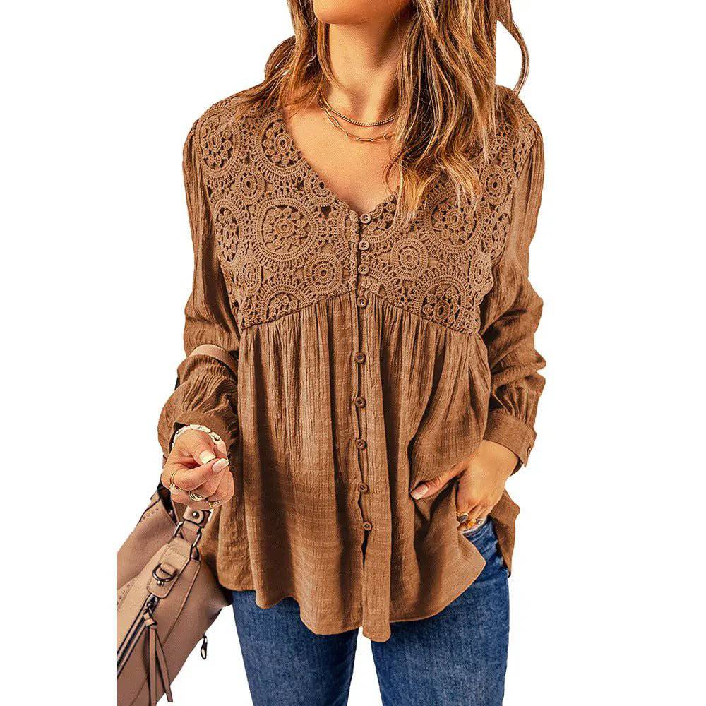 Brown Lace Crochet V-Neck Top for Little Girls  S Brown 