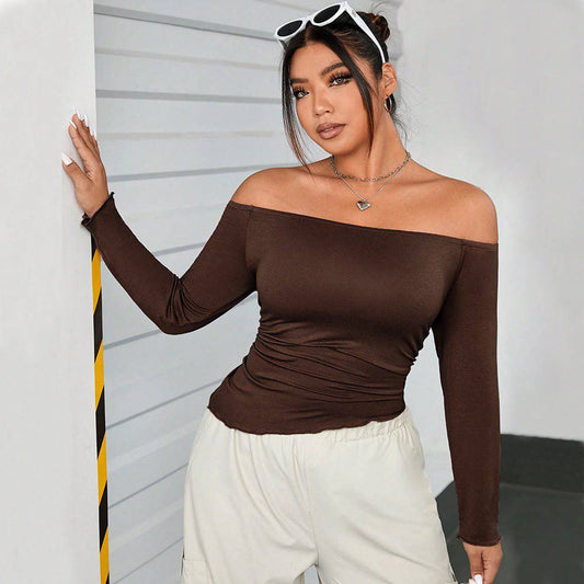 Coffee Brown Off-Shoulder Sexy Tops for Plus Size Women - Long Sleeve T-Shirt for Autumn and Winter