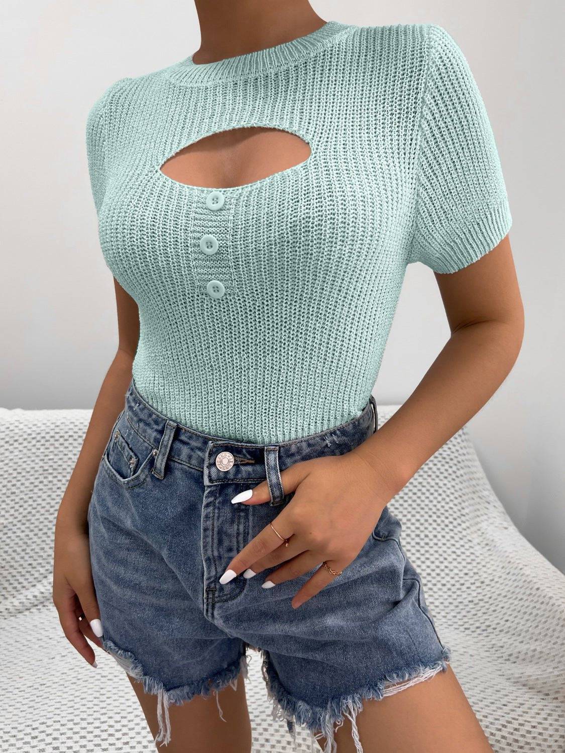 Button Up Knit Short Sleeve Top for Women Casual Wear  One Size Light Blue 