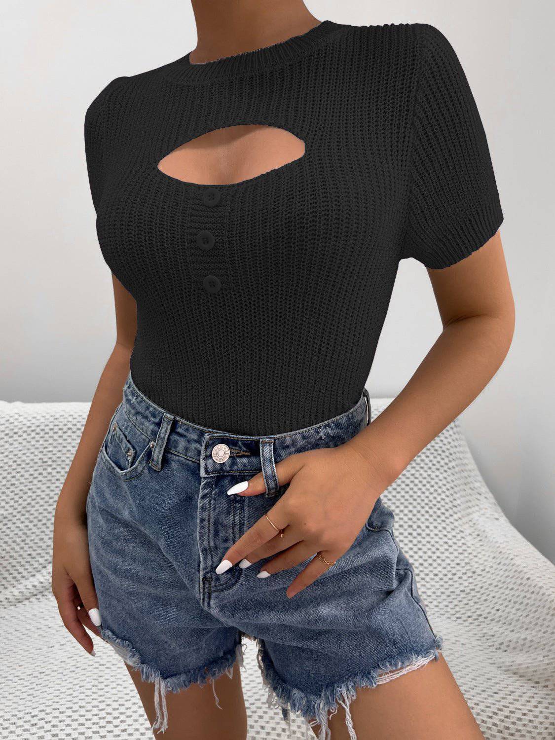 Button Up Knit Short Sleeve Top for Women Casual Wear  One Size Black 