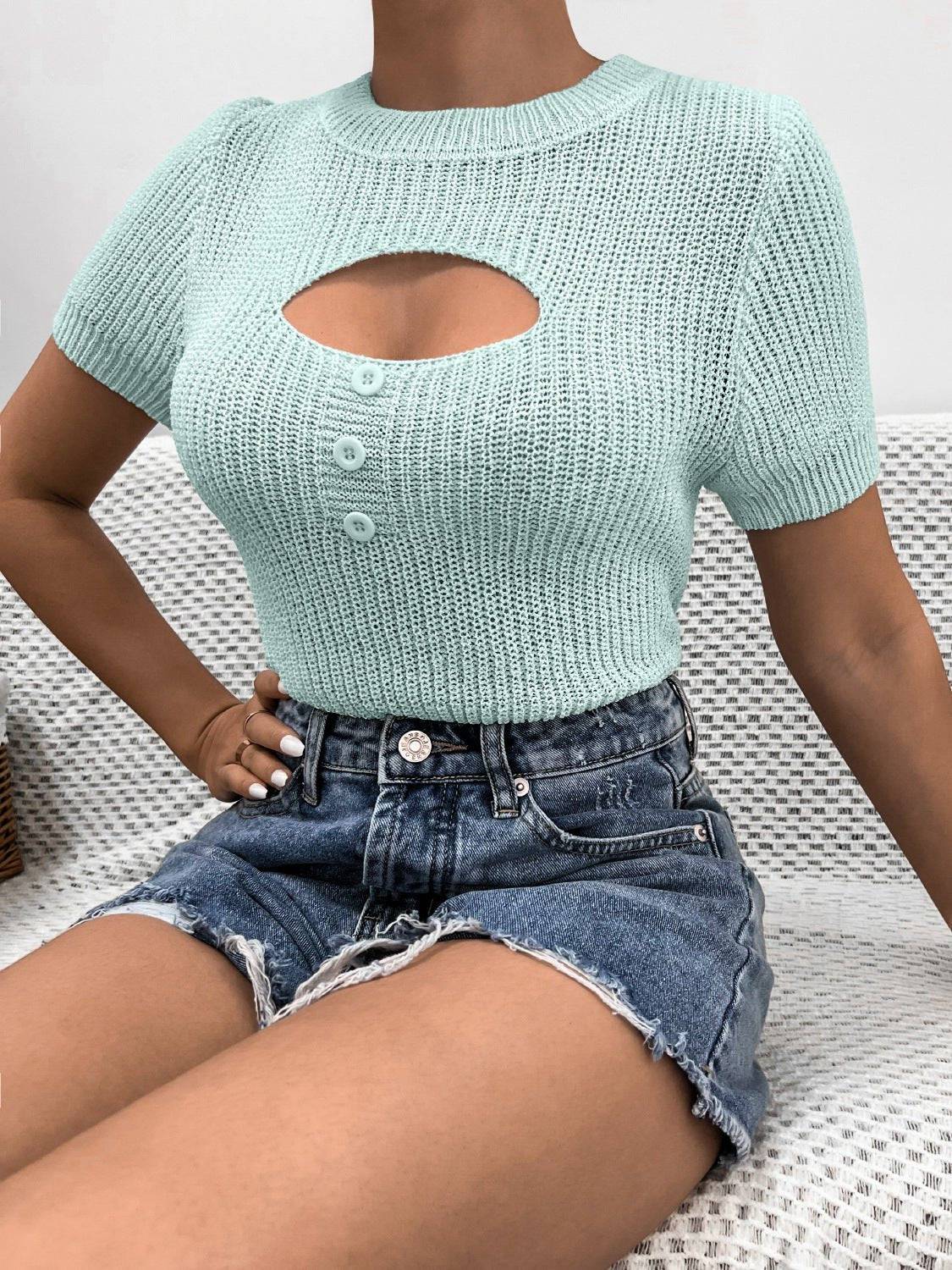 Button Up Knit Short Sleeve Top for Women Casual Wear    