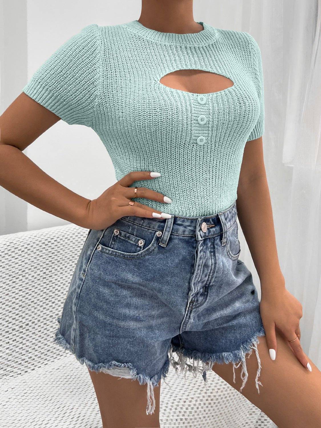 Button Up Knit Short Sleeve Top for Women Casual Wear    