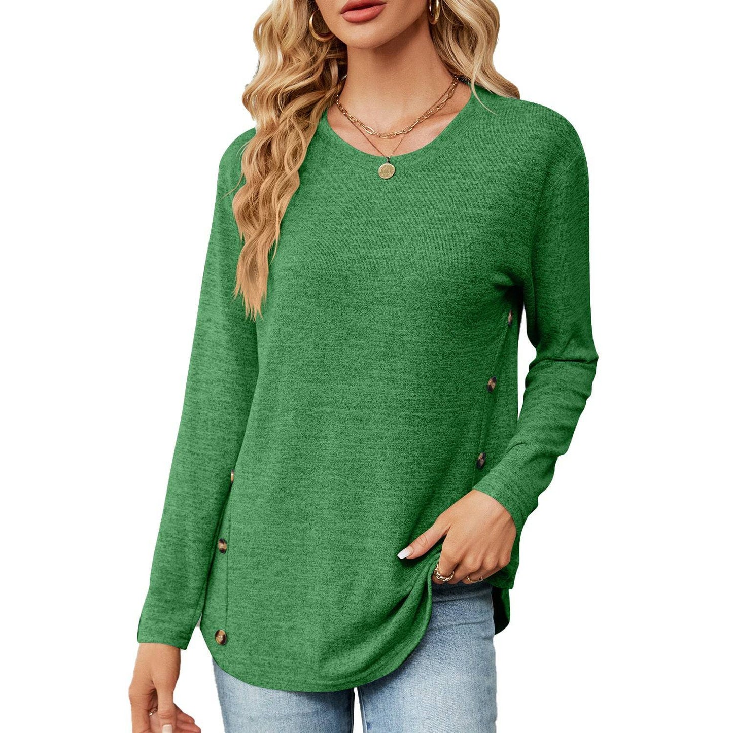 Button-Up Long Sleeve Polyester Top for Women  S Green 