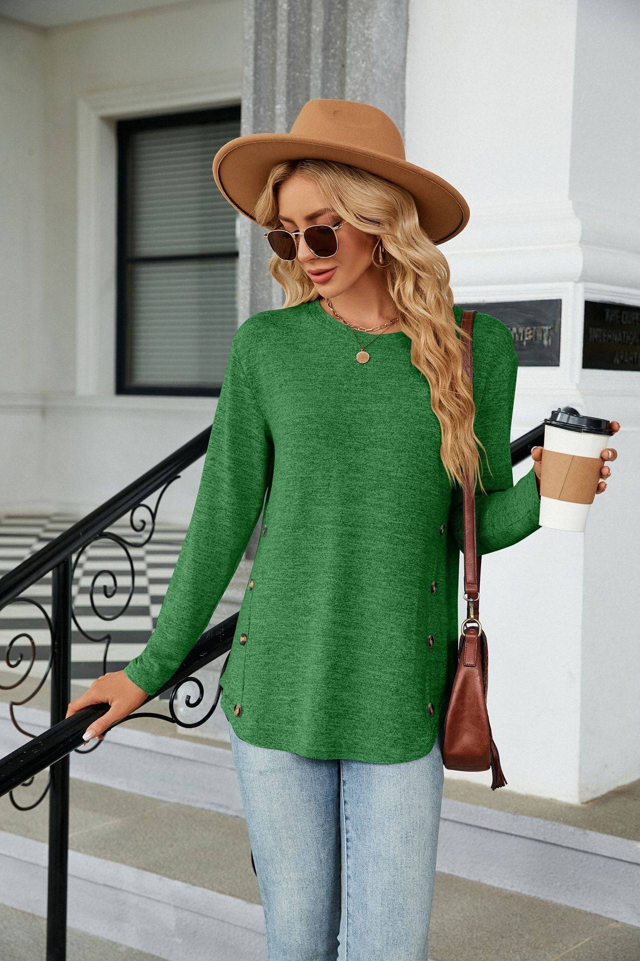 Button-Up Long Sleeve Polyester Top for Women    