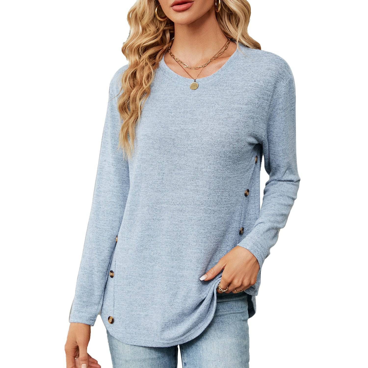 Button-Up Long Sleeve Polyester Top for Women  S Light Blue 